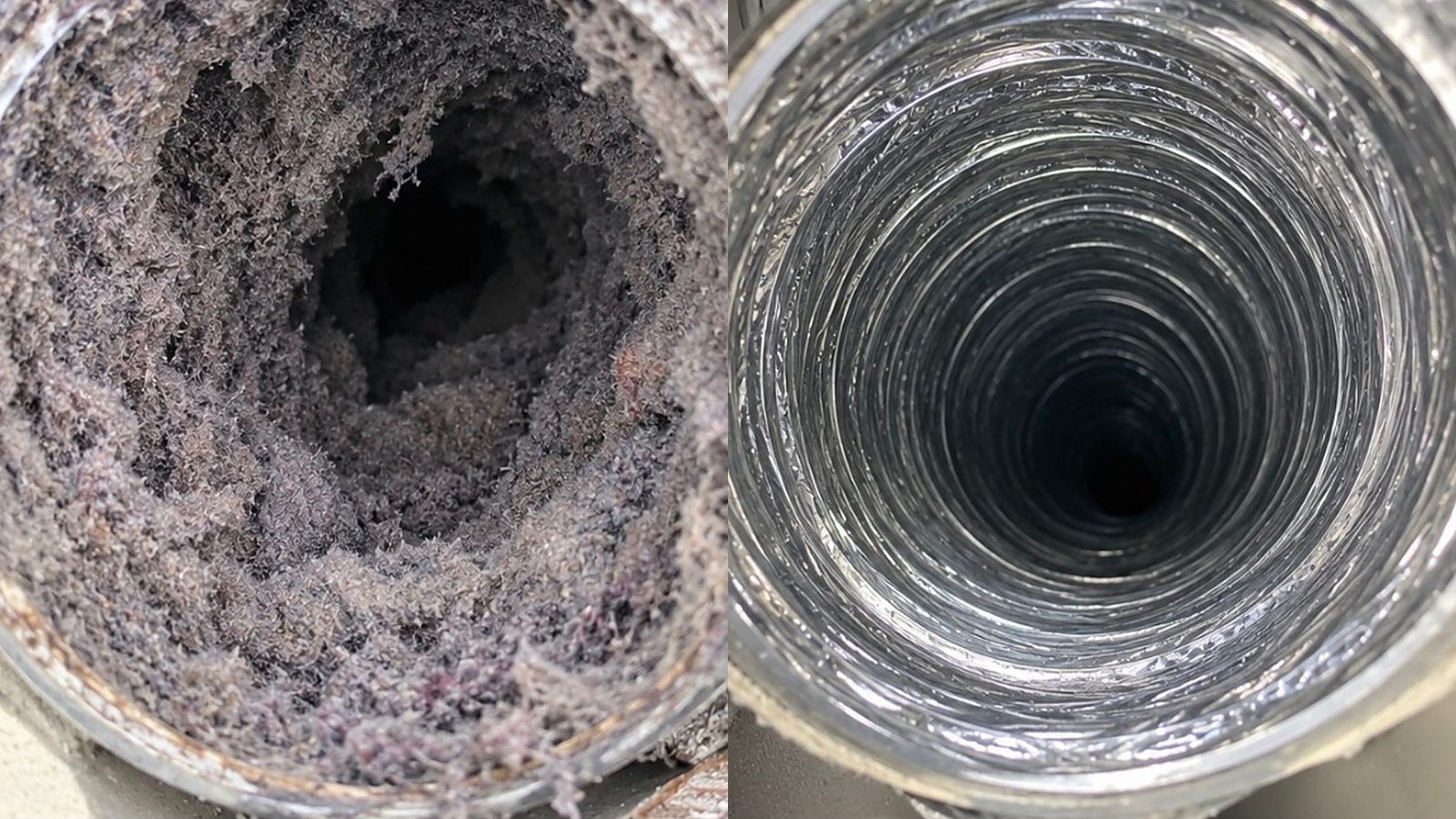 Before and after: a dryer vent duct packed with lint, and the same duct cleared